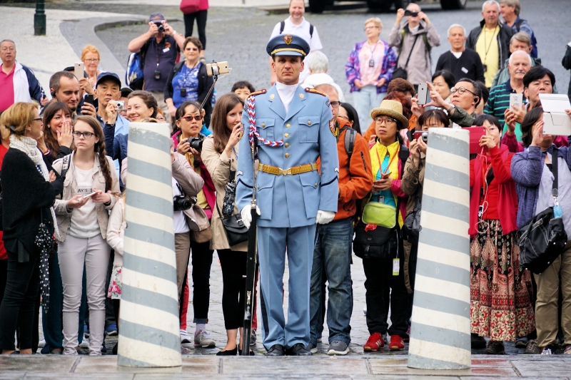 Czech Republic - Prague - Tourists annoy a Guard at Prague Castle